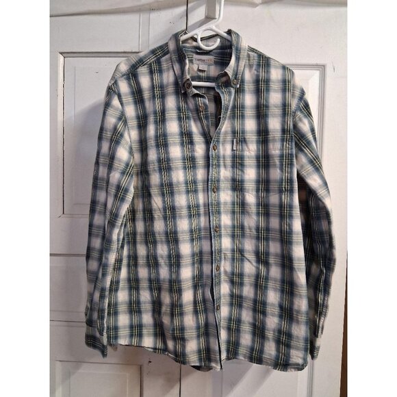 Carhartt Mens Plaid Button-Up Shirt L Regular Green Blue & White 100% Cotton Lon - Picture 1 of 7